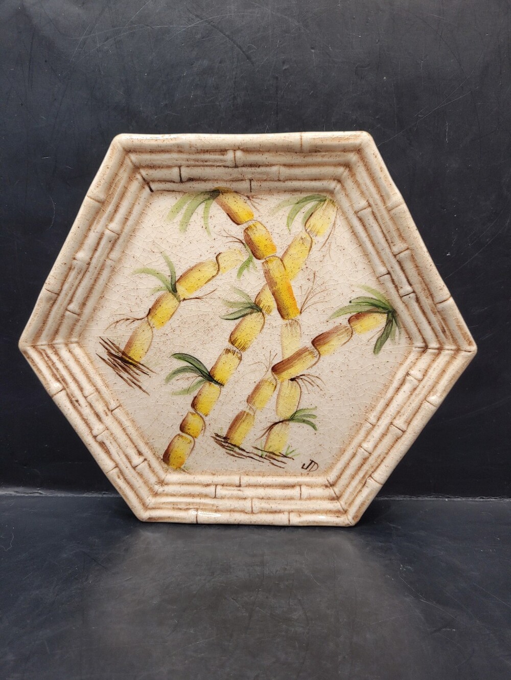 Vintage Handmade Canadian Ceramic Pottery Hexagon Bamboo Trivet Plate MCM